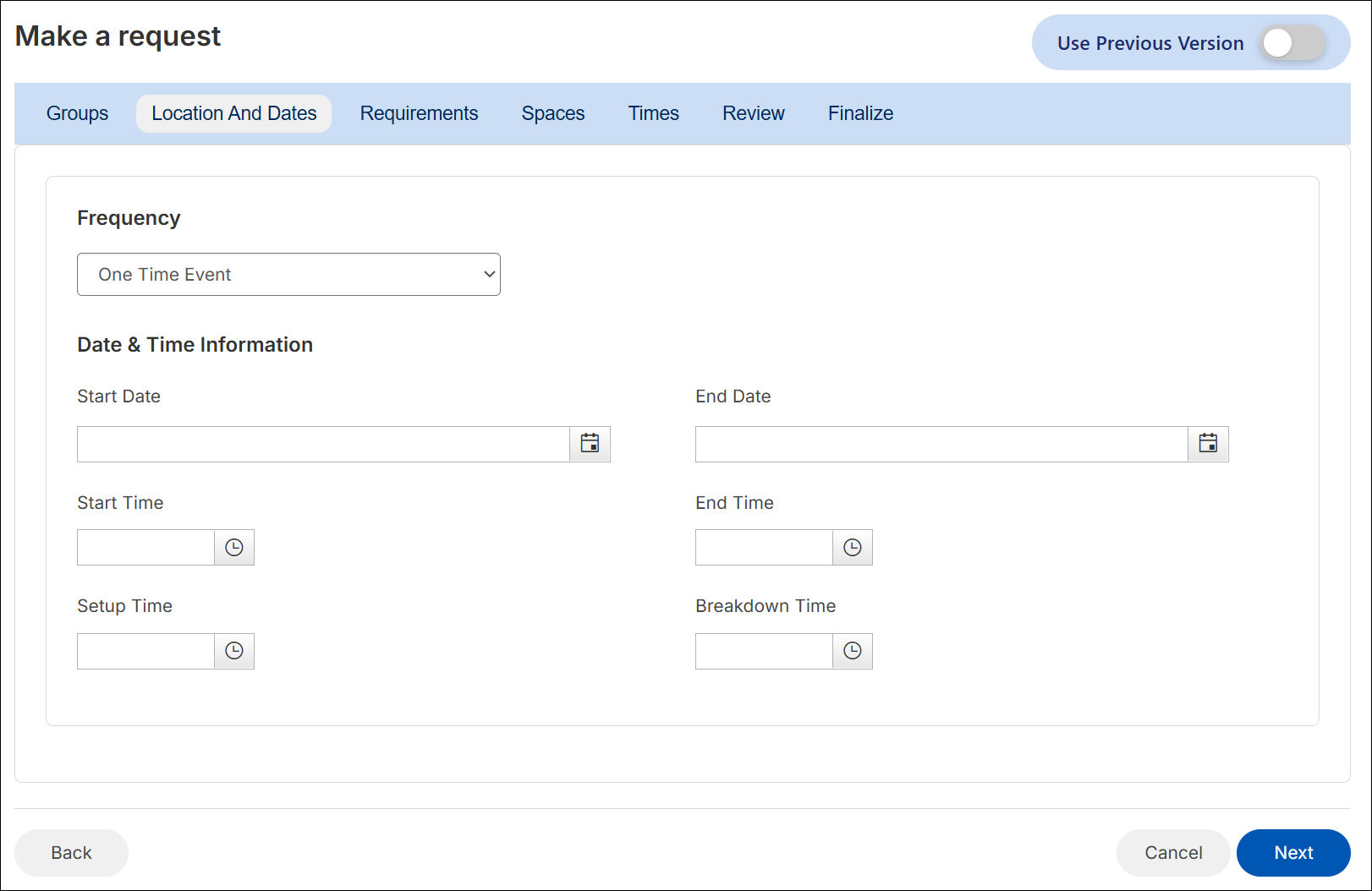 make a request, Location and dates tab.