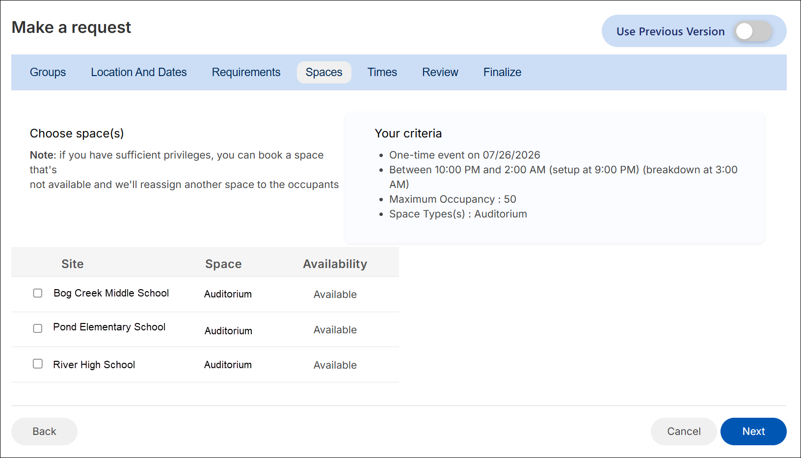 Make a request, spaces tab.