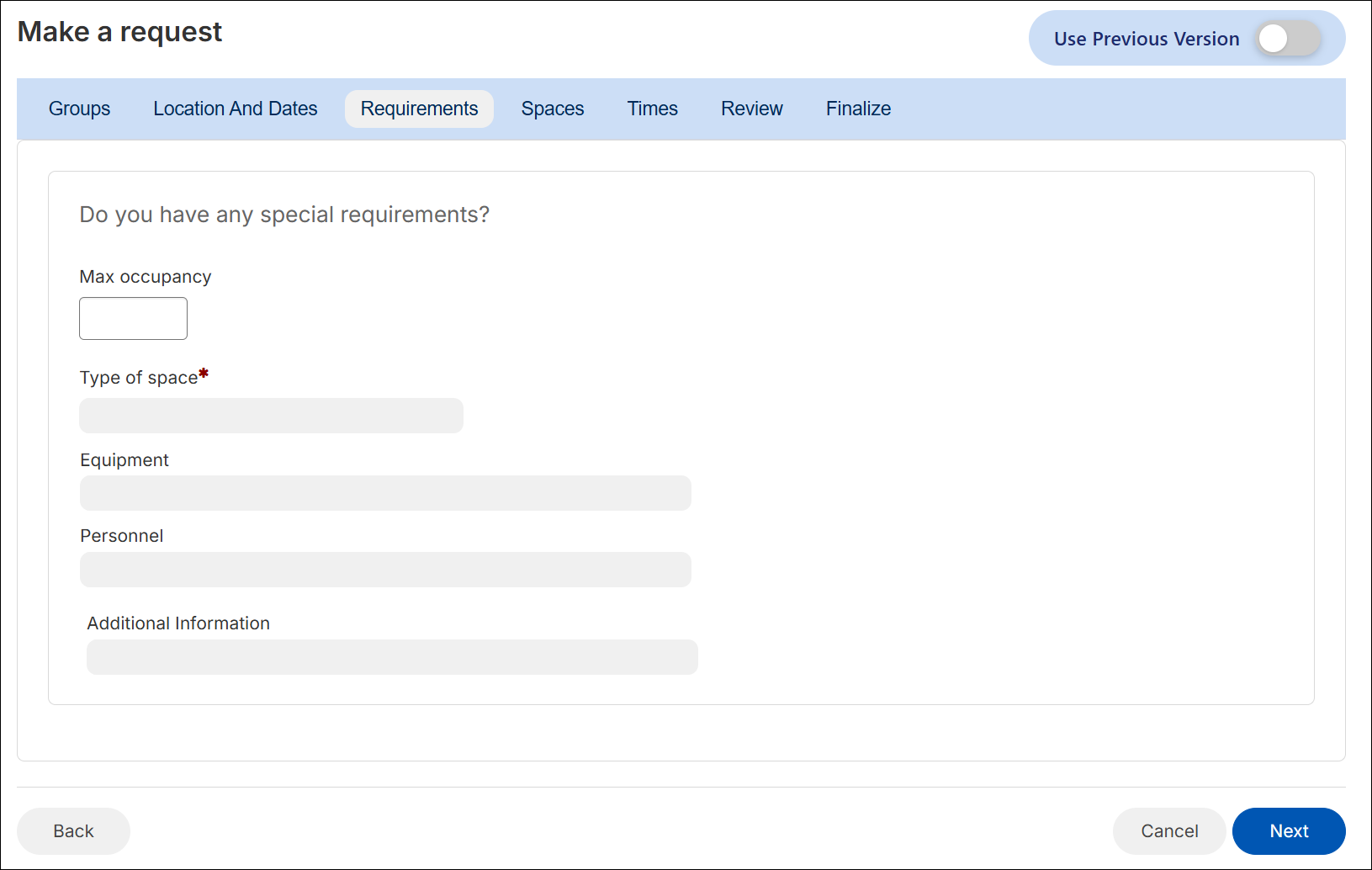 Make a request, requirements tab.