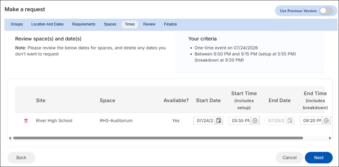Make a request, times tab.