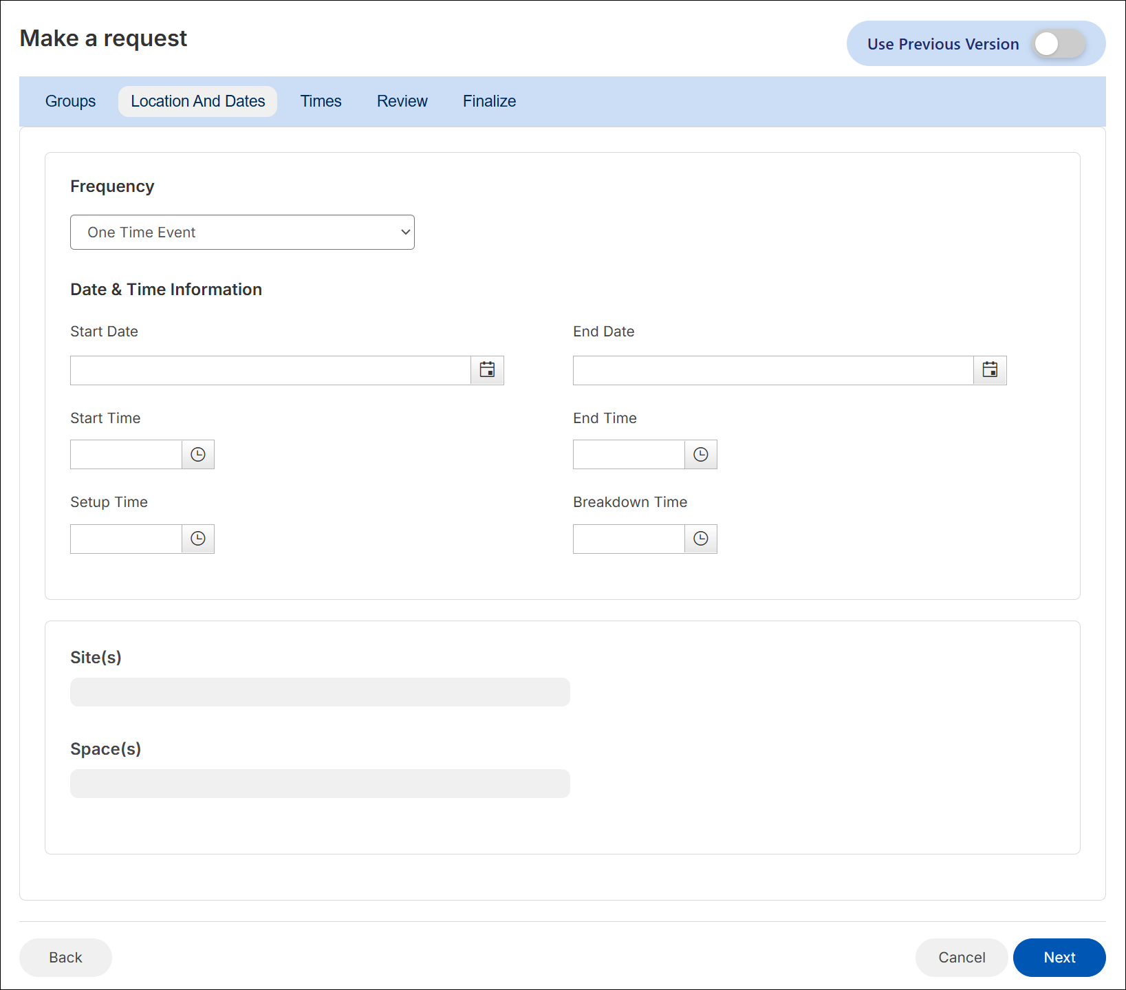 Make a request, locations and date tab.