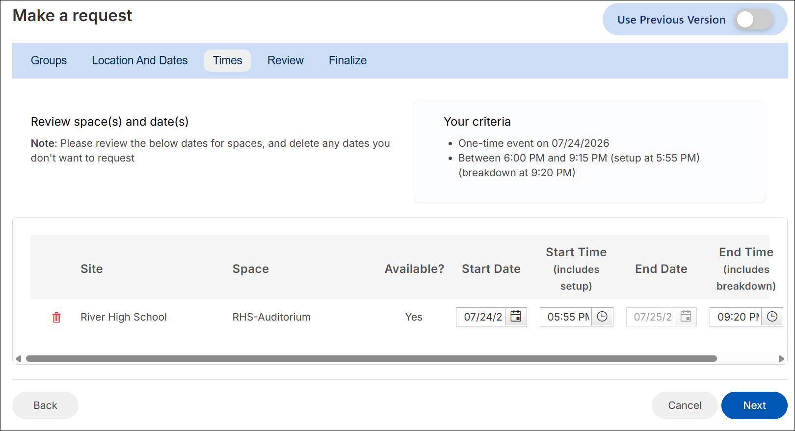Make a request, times tab.