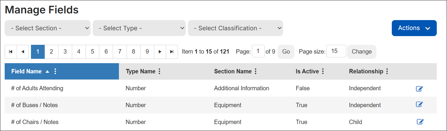 Manage fields page.