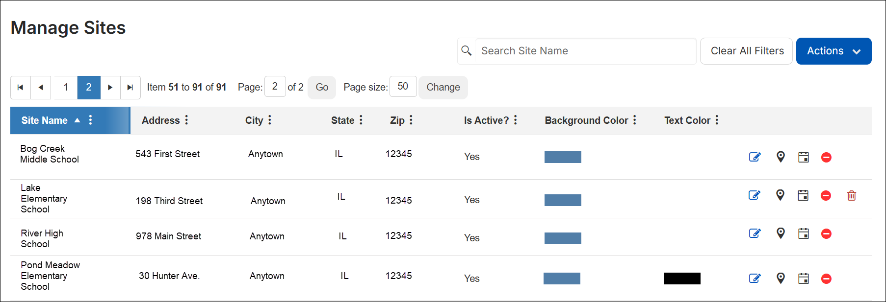 Manage sites page.