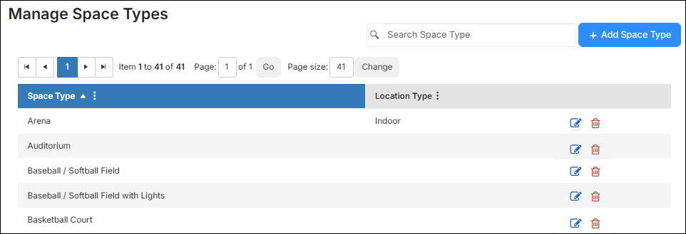 Manage space types page.