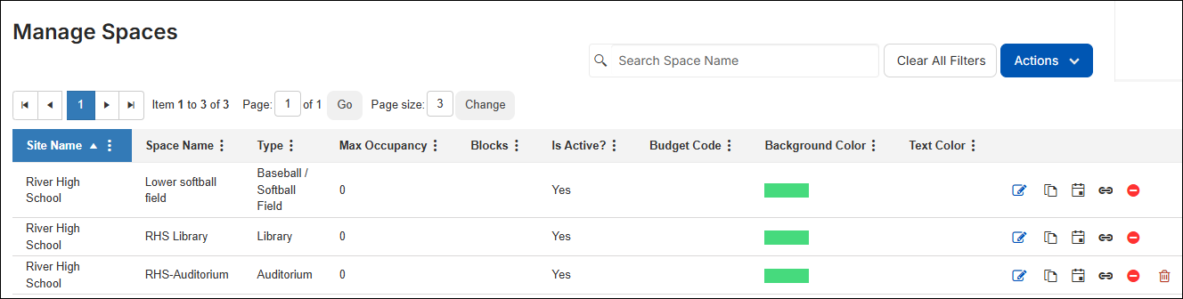 Manage spaces page.