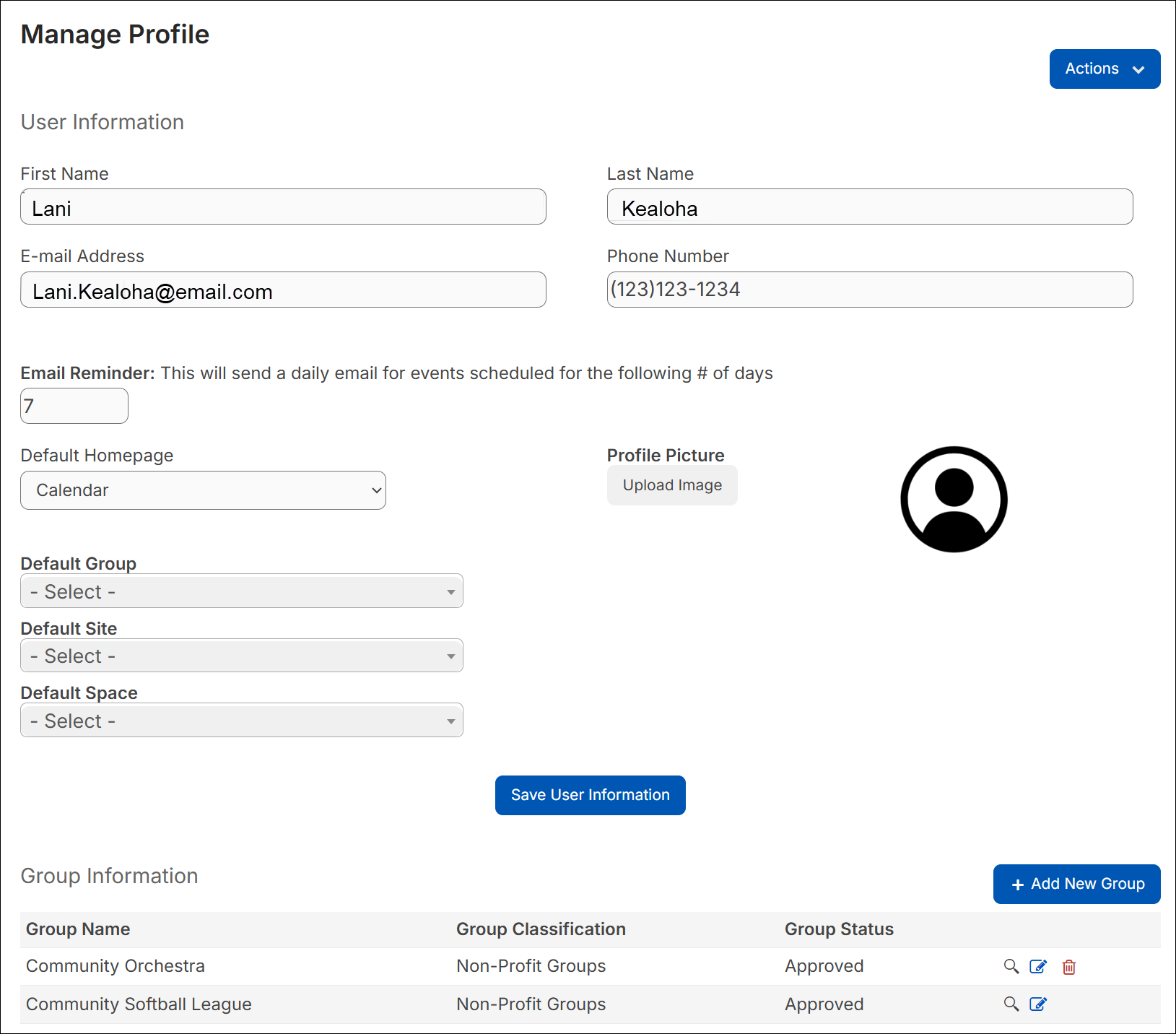 Manage profile page.