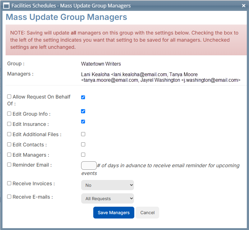 Mass update group managers pop-up.