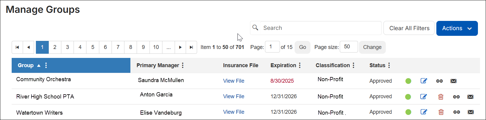 Manage groups page.