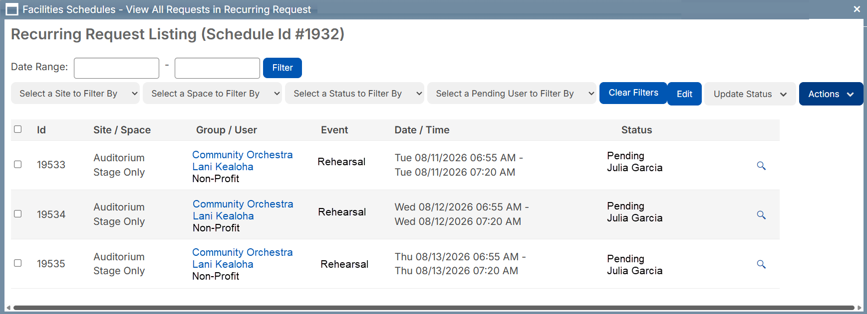 Recurring request listing page.