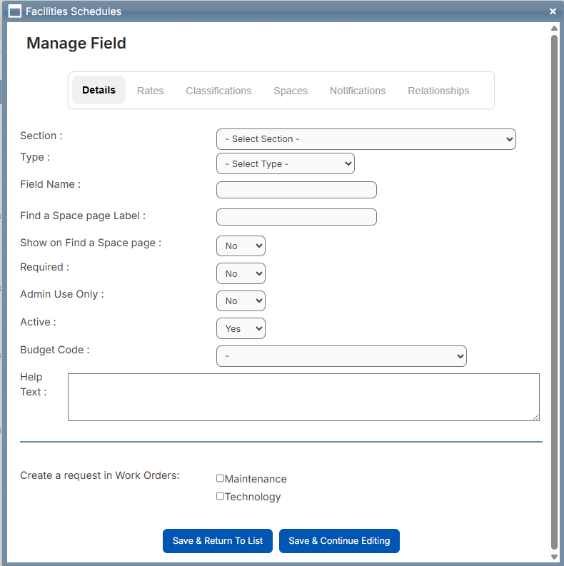 Manage field pop-up, details tab.