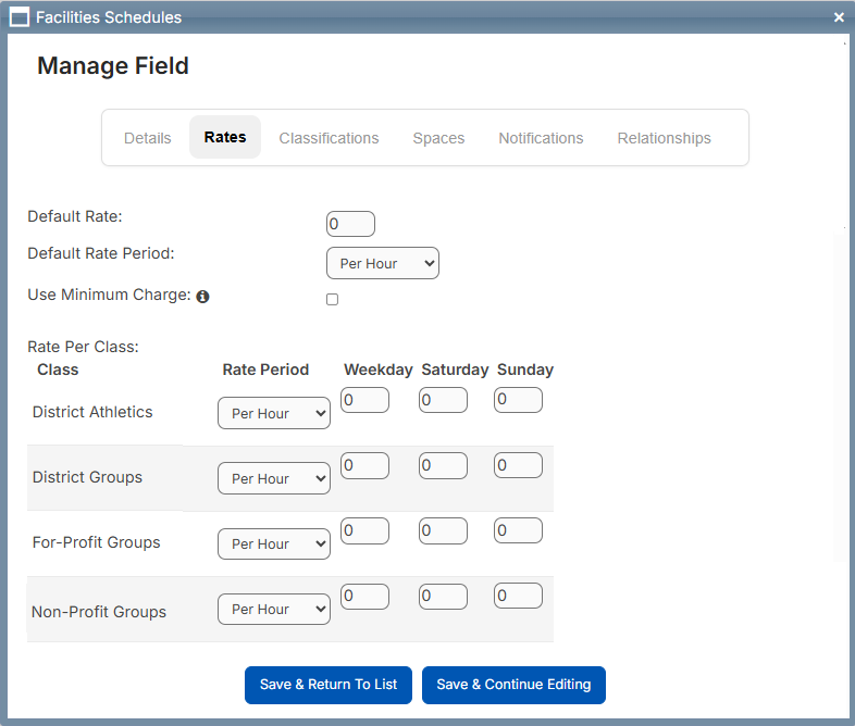 Manage field pop-up, Rates tab.