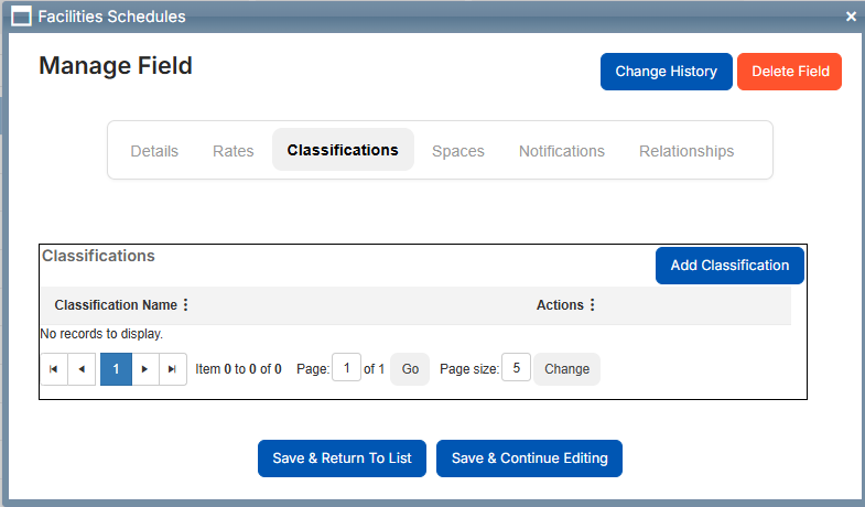 Manage field pop-up, Classifications tab.