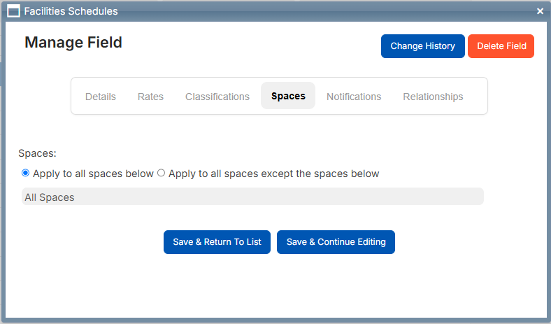 Manage field pop-up, Spaces tab.