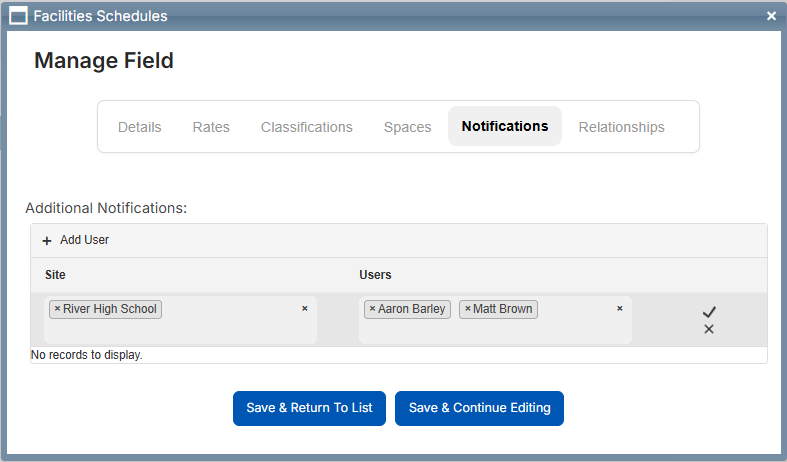 Manage field pop-up, Notifications tab.