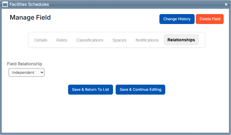 Manage field pop-up, Relationships tab.