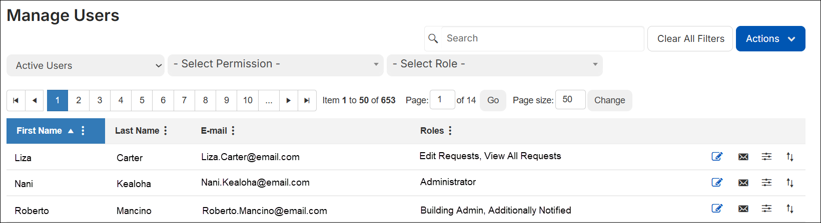 Manage users page.