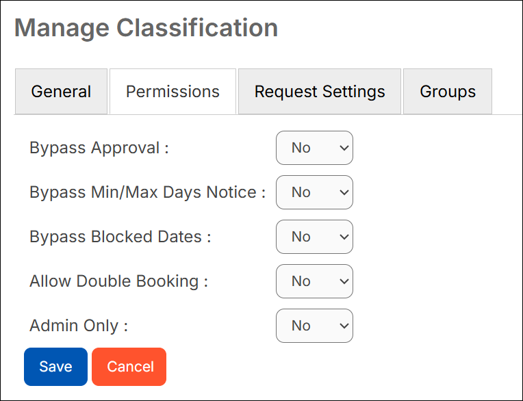 Manage classifications page, permissions tab.