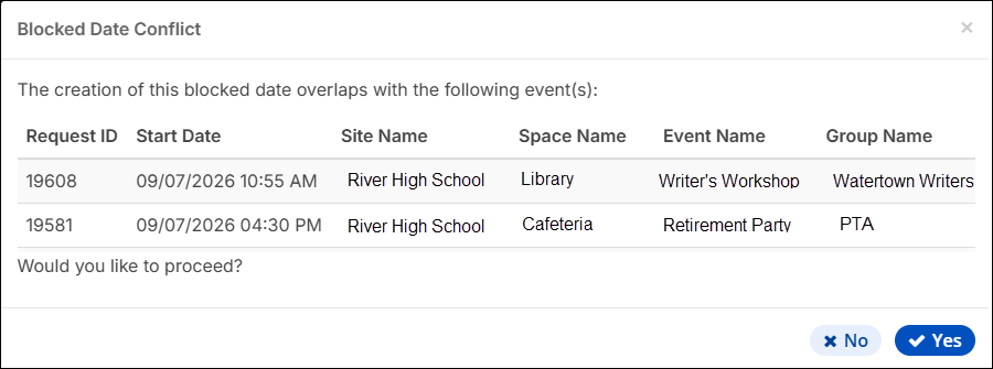 Blocked Date Conflict pop-up.