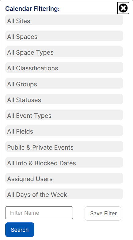 Calendar filtering pop-up.