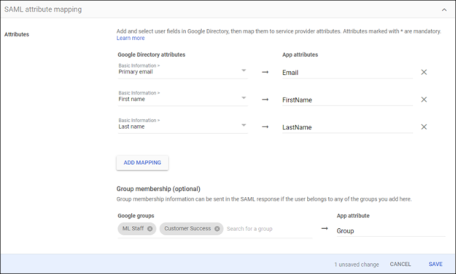 Google SAML attribute mapping page.